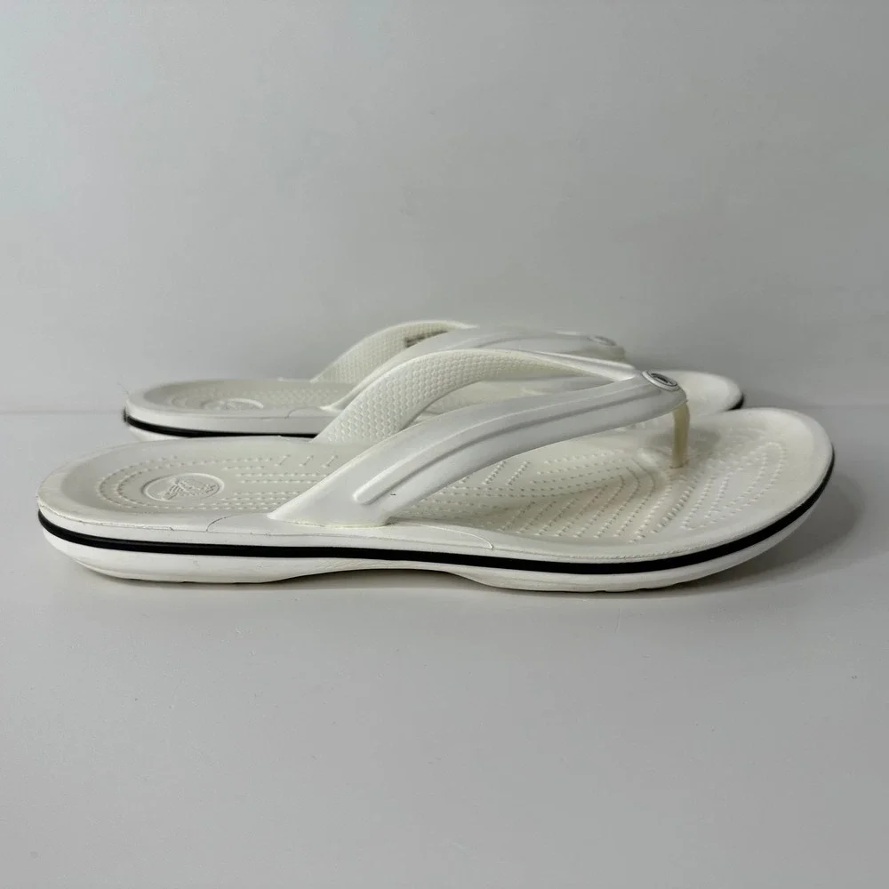 Crocs Crocband Flip Flops White Black 11033 Beach Sandals Mens 9 Womens 11